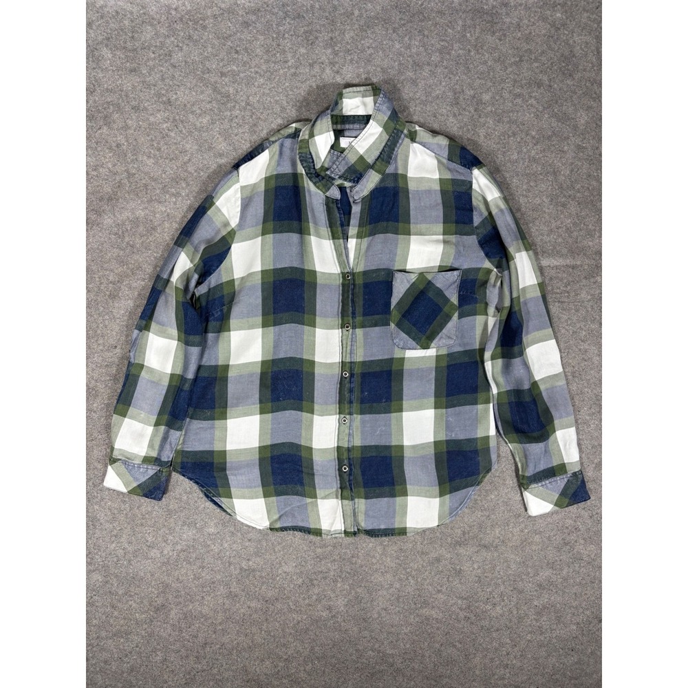 Billy T Plaid Button Down Shirt Womens Green Navy Blue Lyocell Long Sleeve